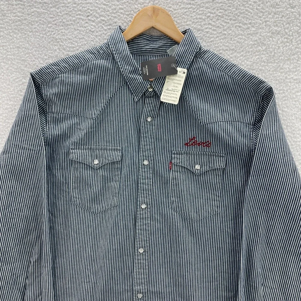 Levis Shirt Mens 2XL Blue Denim Western Pearl Snap Hickory Stripe Cowboy Ranch